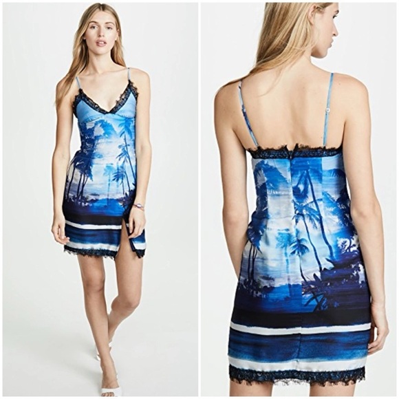 LE SUPERBE Helenas Palm Tree Mini Slip Dress Sz 8 Ocean Blue lace trim - Picture 3 of 12